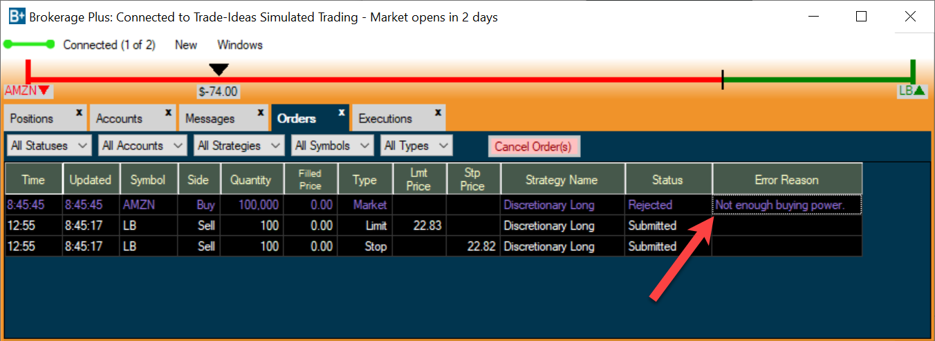 Trade-Ideas Brokerage+ orders tab with rejected order due to insufficient buying power