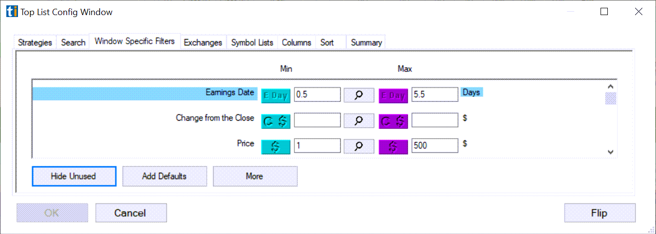 Changing earnings date min and max