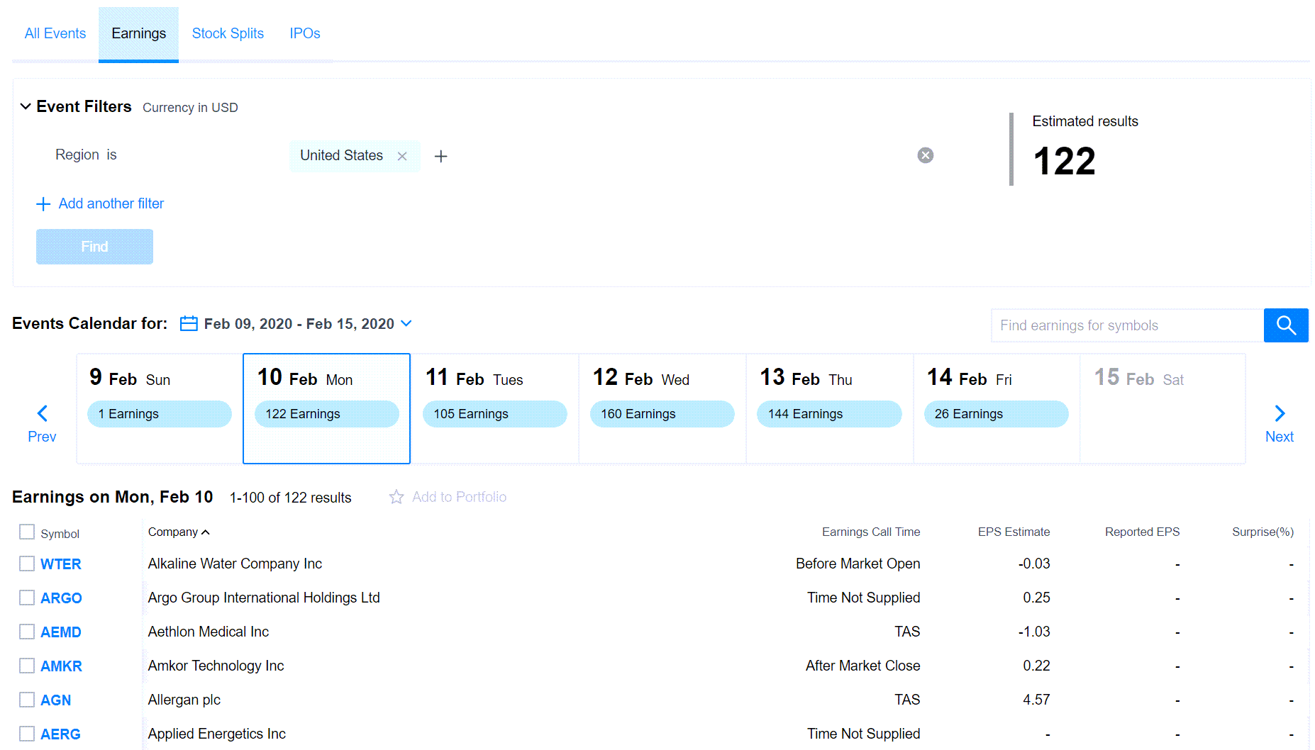 Yahoo Finance earnings calendar