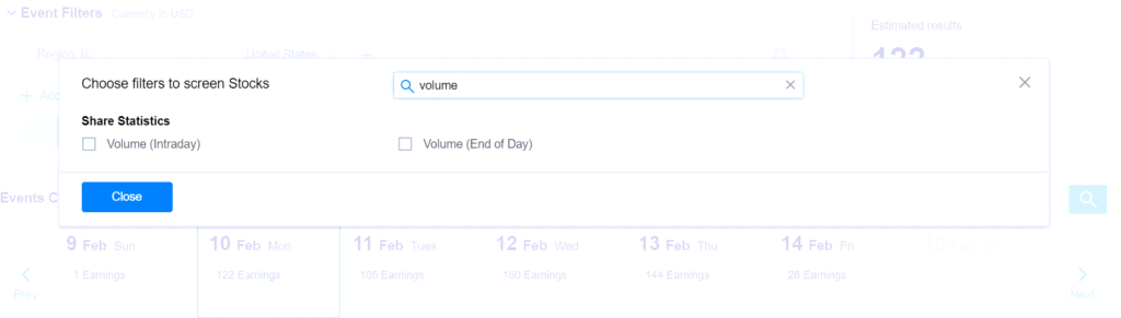 Yahoo Finance earnings filter